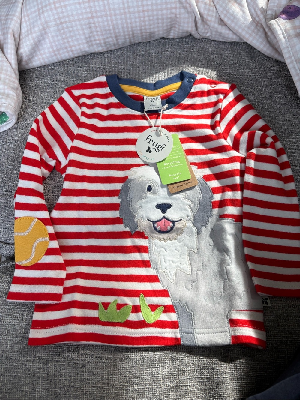 Frugi Red & White Striped Dog Appliqué Long-Sleeve Tee